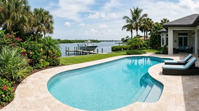 Harbour Pools and Spa crew finishing a resurfaced pool deck in Brevard County, FL